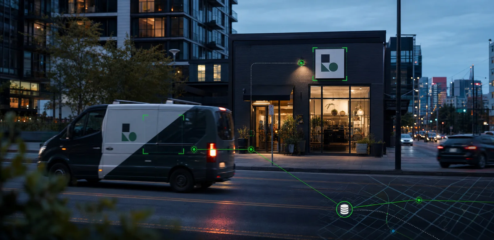 A fictional wrapped service vehicle and storefront connected to a machine-readable verification record