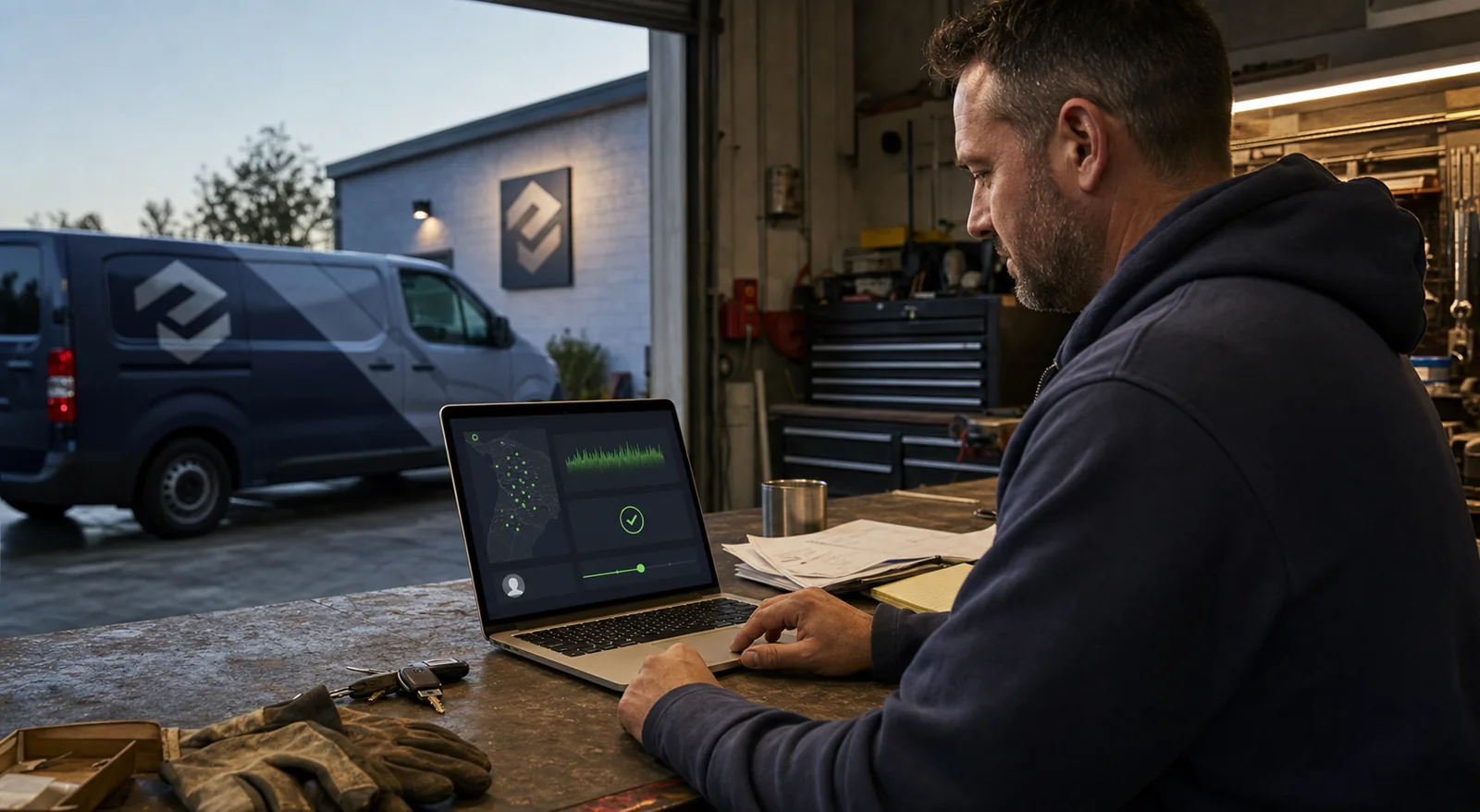 A fictional small-business owner reviewing a verified physical-presence record in a working shop