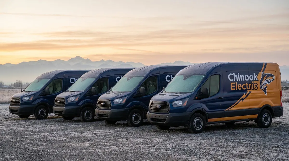 A fleet of wrapped work vans with fictional branding lined up in a yard at dawn