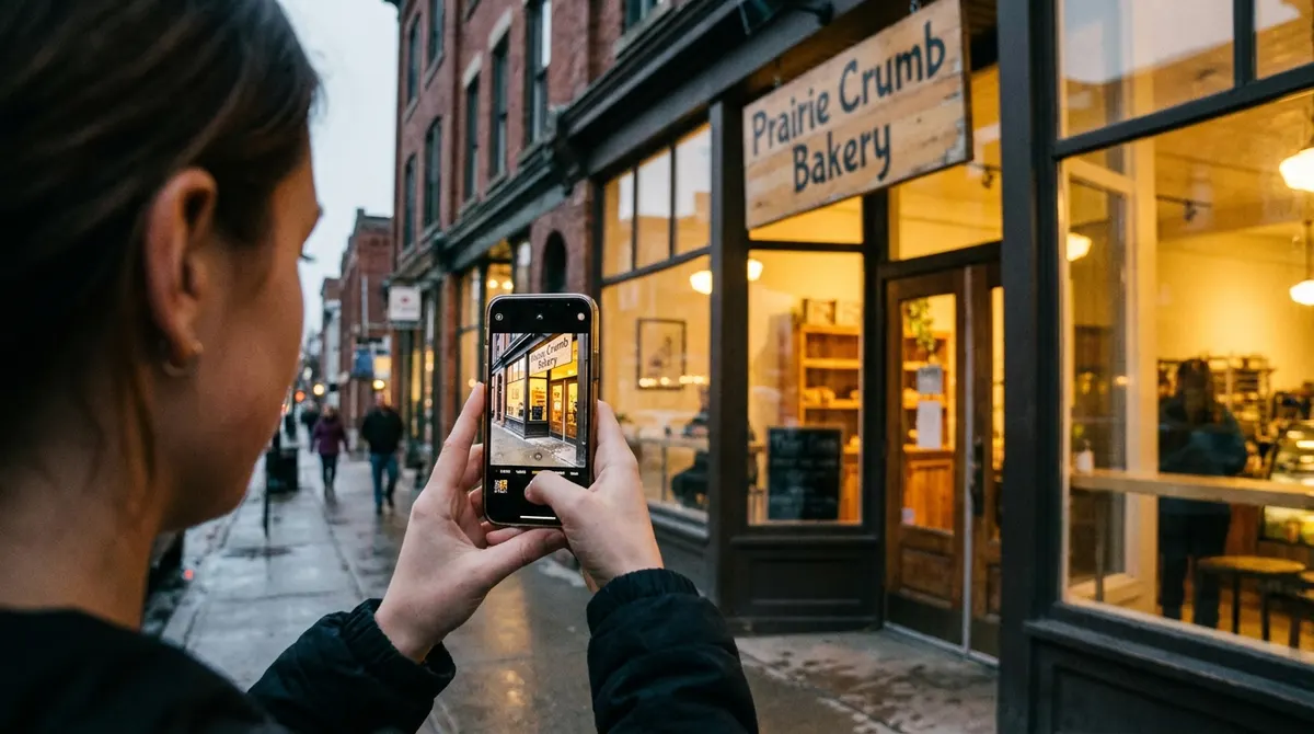 A scout photographing a wrapped truck with fictional branding on their phone from the sidewalk