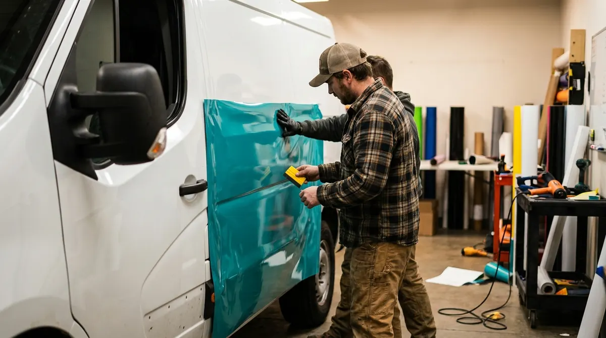 Installers applying a vinyl wrap with fictional branding to a van inside a wrap shop